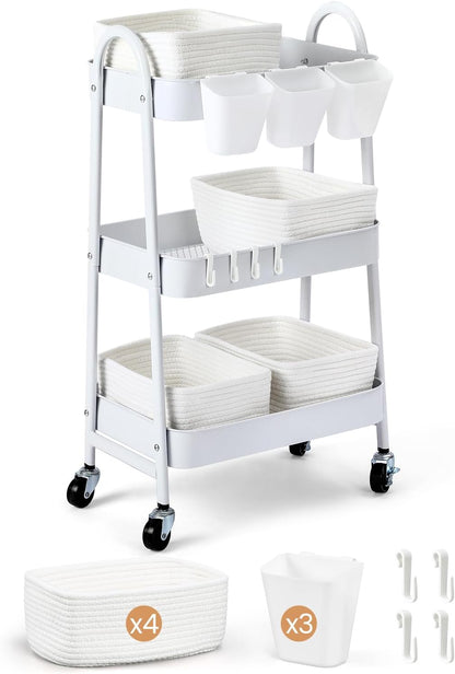 3-Tier Rolling Utility Cart with 4 Woven Baskets, Diaper Book Snack Cart, Storage Organizer for Nursery, Kitchen, Craft Room, Home SPA, Living Room, Metal Frame Trolley on Lockable Wheels, Brown