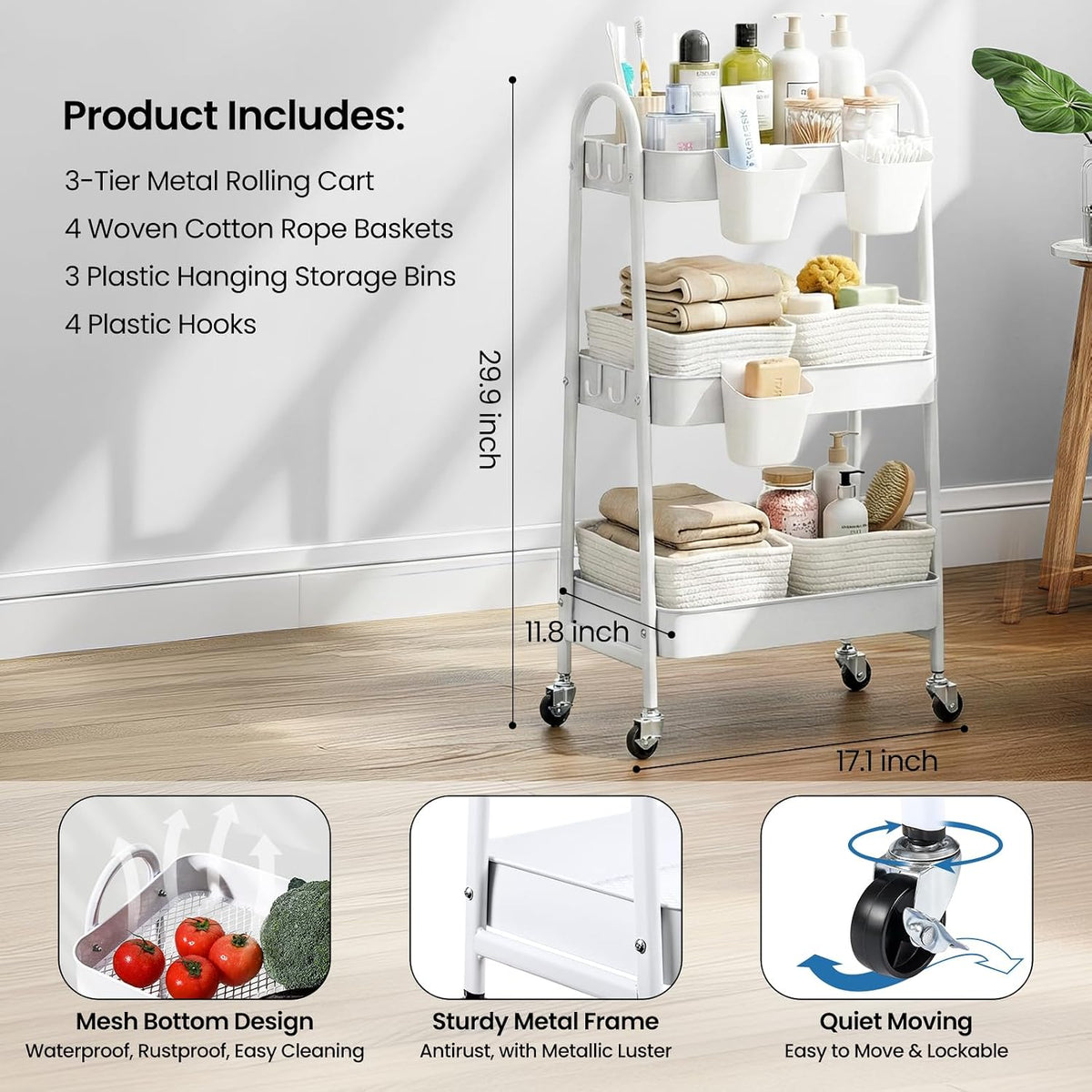 3-Tier Rolling Utility Cart with 4 Woven Baskets, Diaper Book Snack Cart, Storage Organizer for Nursery, Kitchen, Craft Room, Home SPA, Living Room, Metal Frame Trolley on Lockable Wheels, Brown
