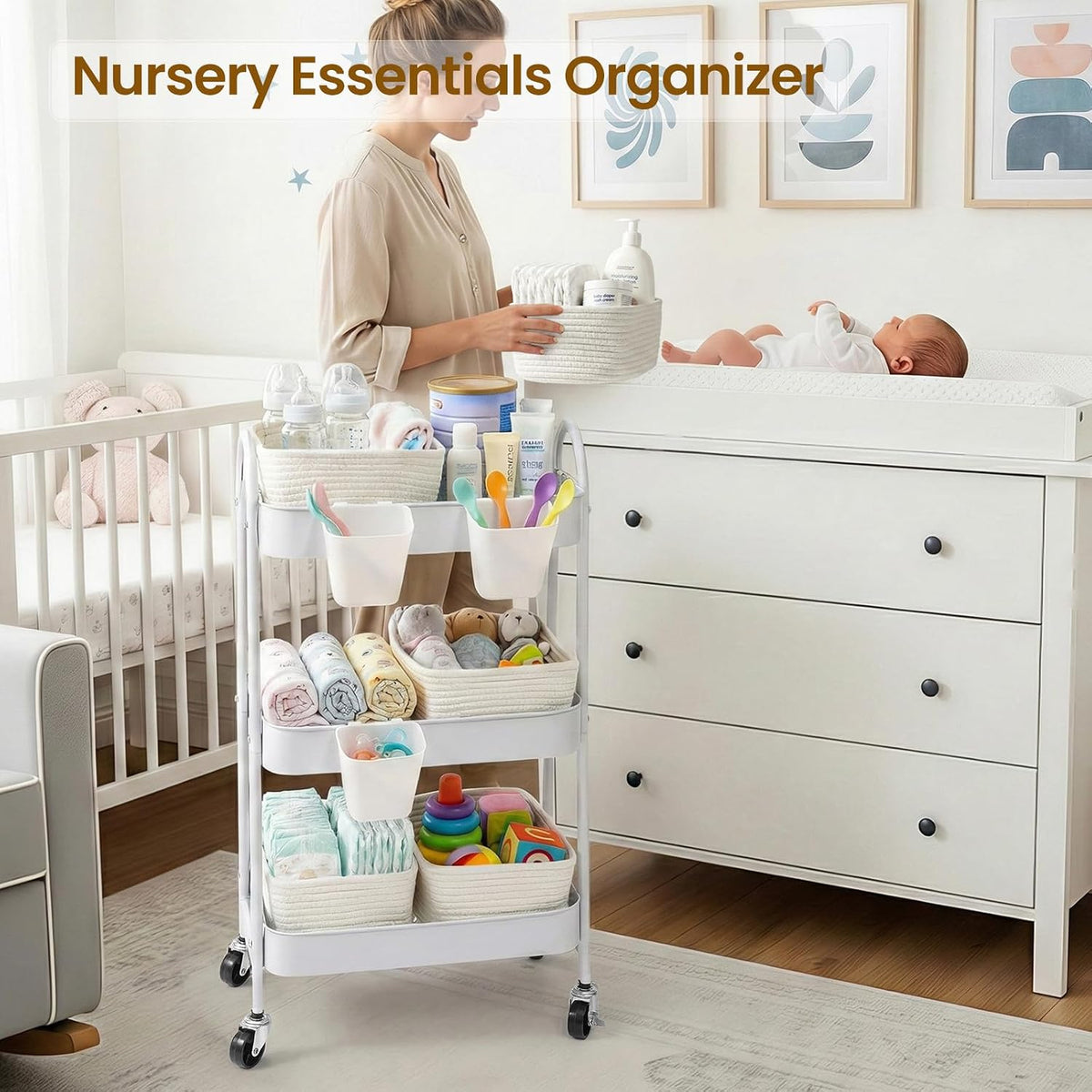 3-Tier Rolling Utility Cart with 4 Woven Baskets, Diaper Book Snack Cart, Storage Organizer for Nursery, Kitchen, Craft Room, Home SPA, Living Room, Metal Frame Trolley on Lockable Wheels, Brown