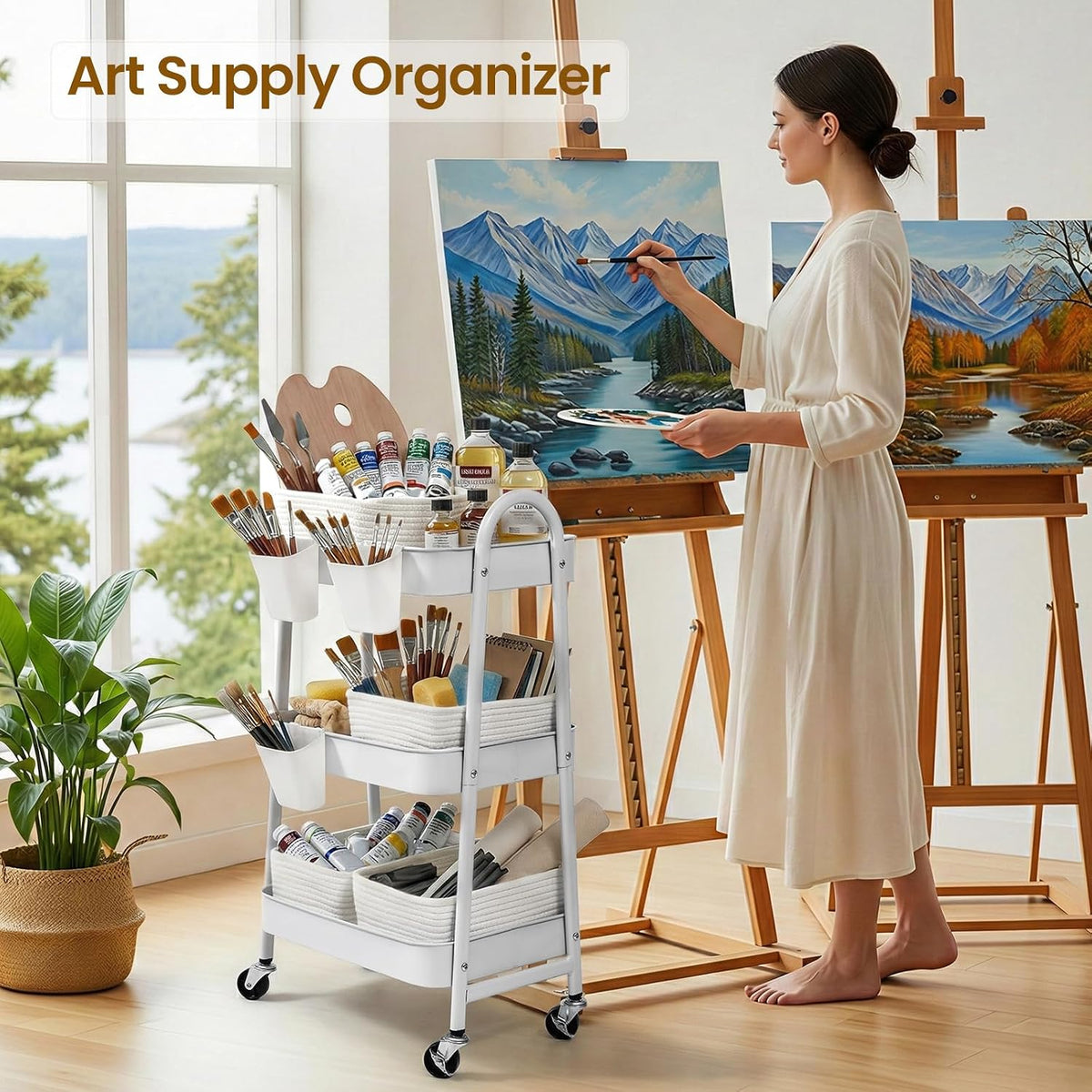 3-Tier Rolling Utility Cart with 4 Woven Baskets, Diaper Book Snack Cart, Storage Organizer for Nursery, Kitchen, Craft Room, Home SPA, Living Room, Metal Frame Trolley on Lockable Wheels, Brown