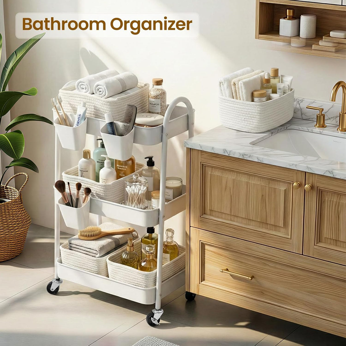 3-Tier Rolling Utility Cart with 4 Woven Baskets, Diaper Book Snack Cart, Storage Organizer for Nursery, Kitchen, Craft Room, Home SPA, Living Room, Metal Frame Trolley on Lockable Wheels, Brown