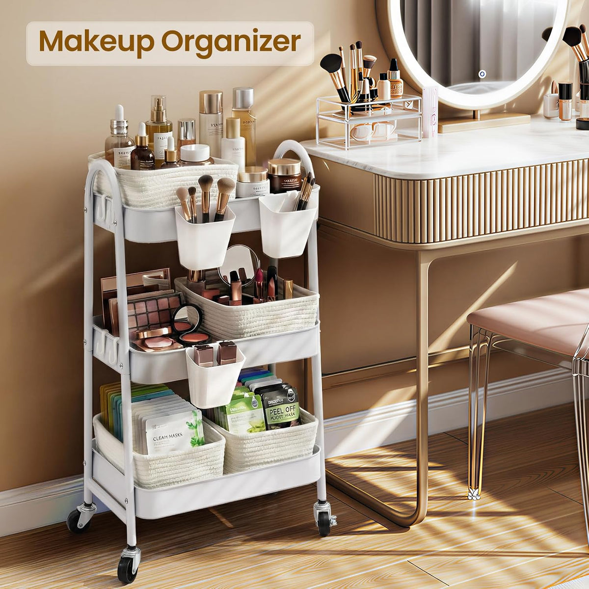 3-Tier Rolling Utility Cart with 4 Woven Baskets, Diaper Book Snack Cart, Storage Organizer for Nursery, Kitchen, Craft Room, Home SPA, Living Room, Metal Frame Trolley on Lockable Wheels, Brown