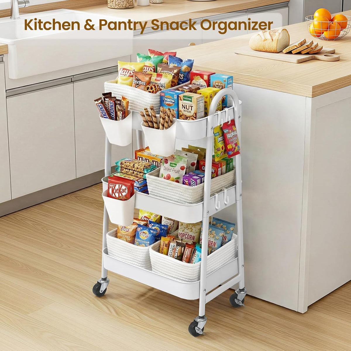 3-Tier Rolling Utility Cart with 4 Woven Baskets, Diaper Book Snack Cart, Storage Organizer for Nursery, Kitchen, Craft Room, Home SPA, Living Room, Metal Frame Trolley on Lockable Wheels, Brown