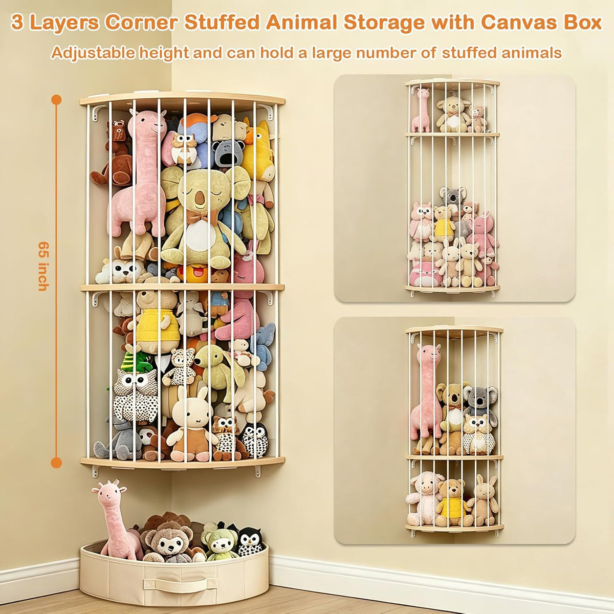Double Layer Corner Stuffed Animal Storage Wood with Fan-Shaped Basket