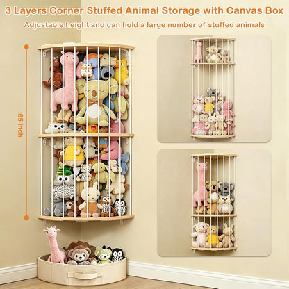 Double Layer Corner Stuffed Animal Storage Wood with Fan-Shaped Basket