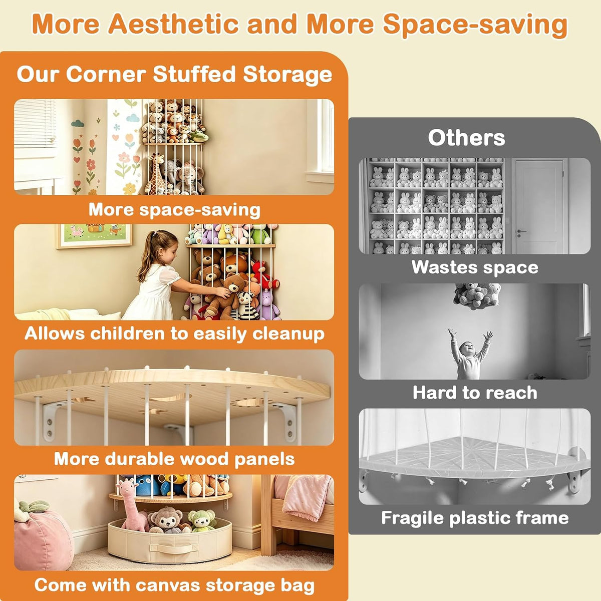 Double Layer Corner Stuffed Animal Storage Wood with Fan-Shaped Basket