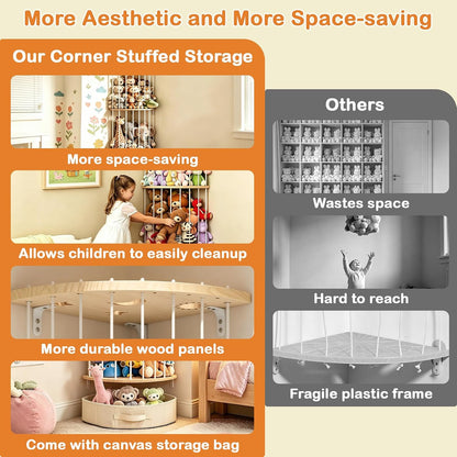 Double Layer Corner Stuffed Animal Storage Wood with Fan-Shaped Basket