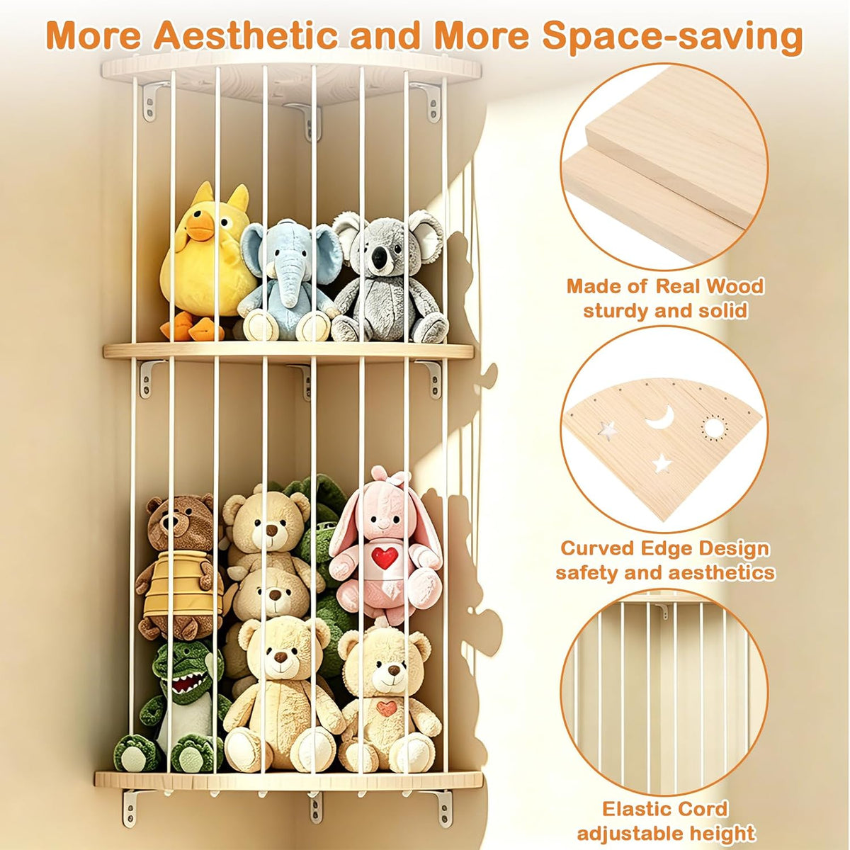 Double Layer Corner Stuffed Animal Storage Wood with Fan-Shaped Basket