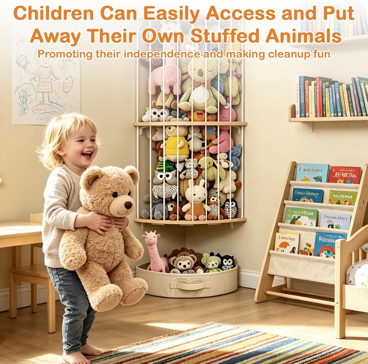Double Layer Corner Stuffed Animal Storage Wood with Fan-Shaped Basket