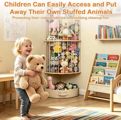 Double Layer Corner Stuffed Animal Storage Wood with Fan-Shaped Basket