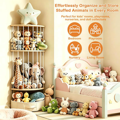 Double Layer Corner Stuffed Animal Storage Wood with Fan-Shaped Basket