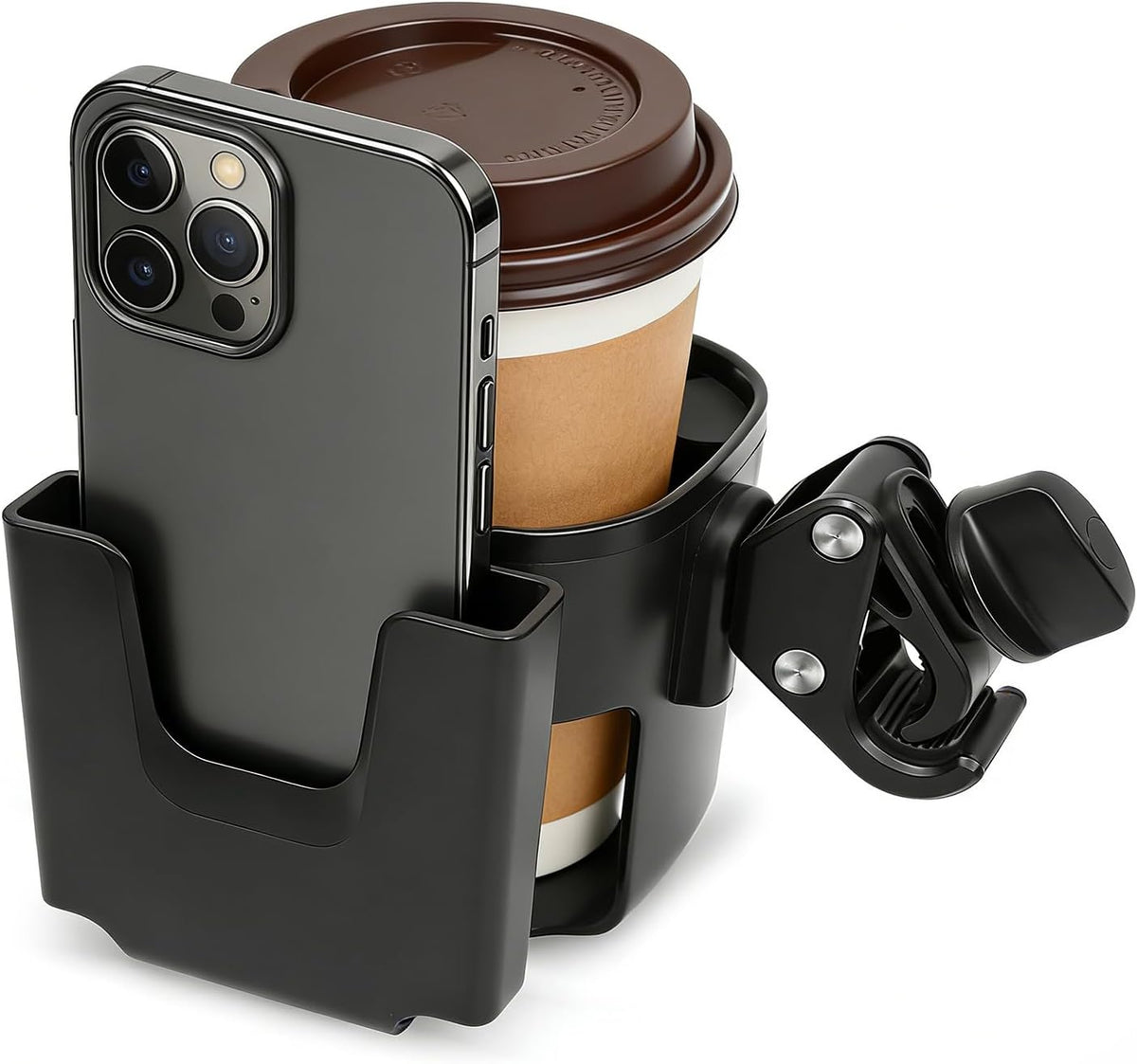 Large Size 2-in-1 Stroller Cup and Phone Holder, Adjustable Clip-On, Black