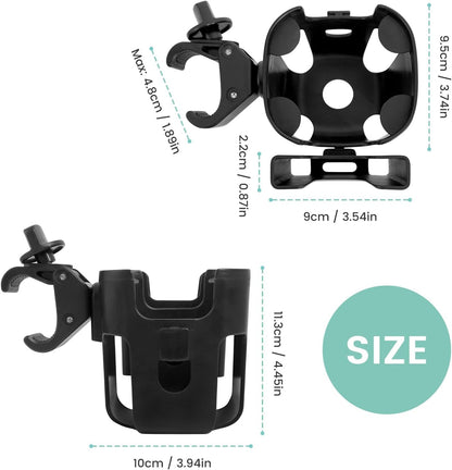 Large Size 2-in-1 Stroller Cup and Phone Holder, Adjustable Clip-On, Black