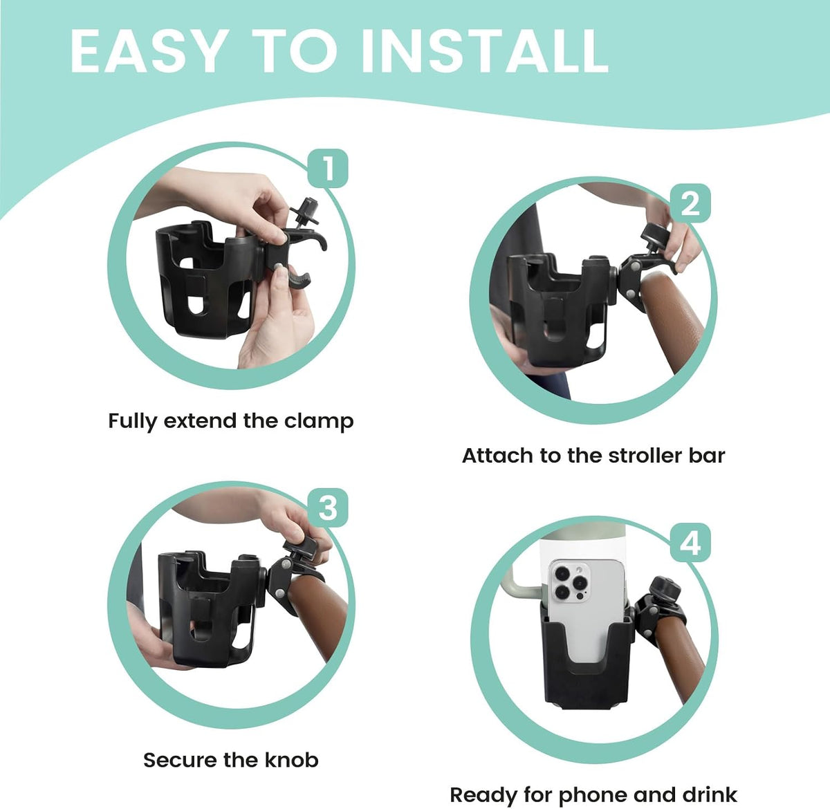 Large Size 2-in-1 Stroller Cup and Phone Holder, Adjustable Clip-On, Black