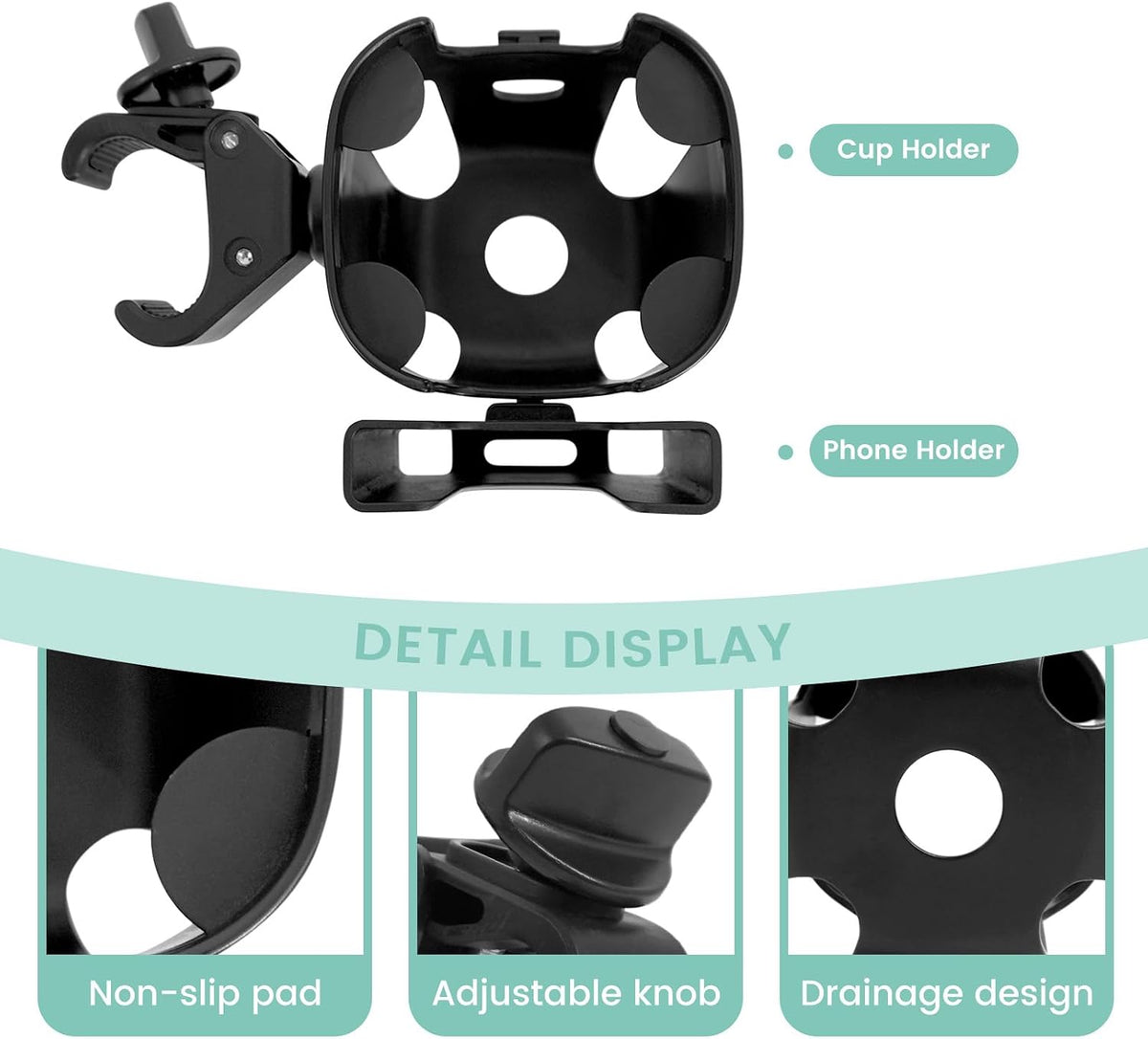 Large Size 2-in-1 Stroller Cup and Phone Holder, Adjustable Clip-On, Black