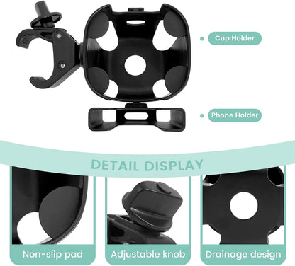 Large Size 2-in-1 Stroller Cup and Phone Holder, Adjustable Clip-On, Black