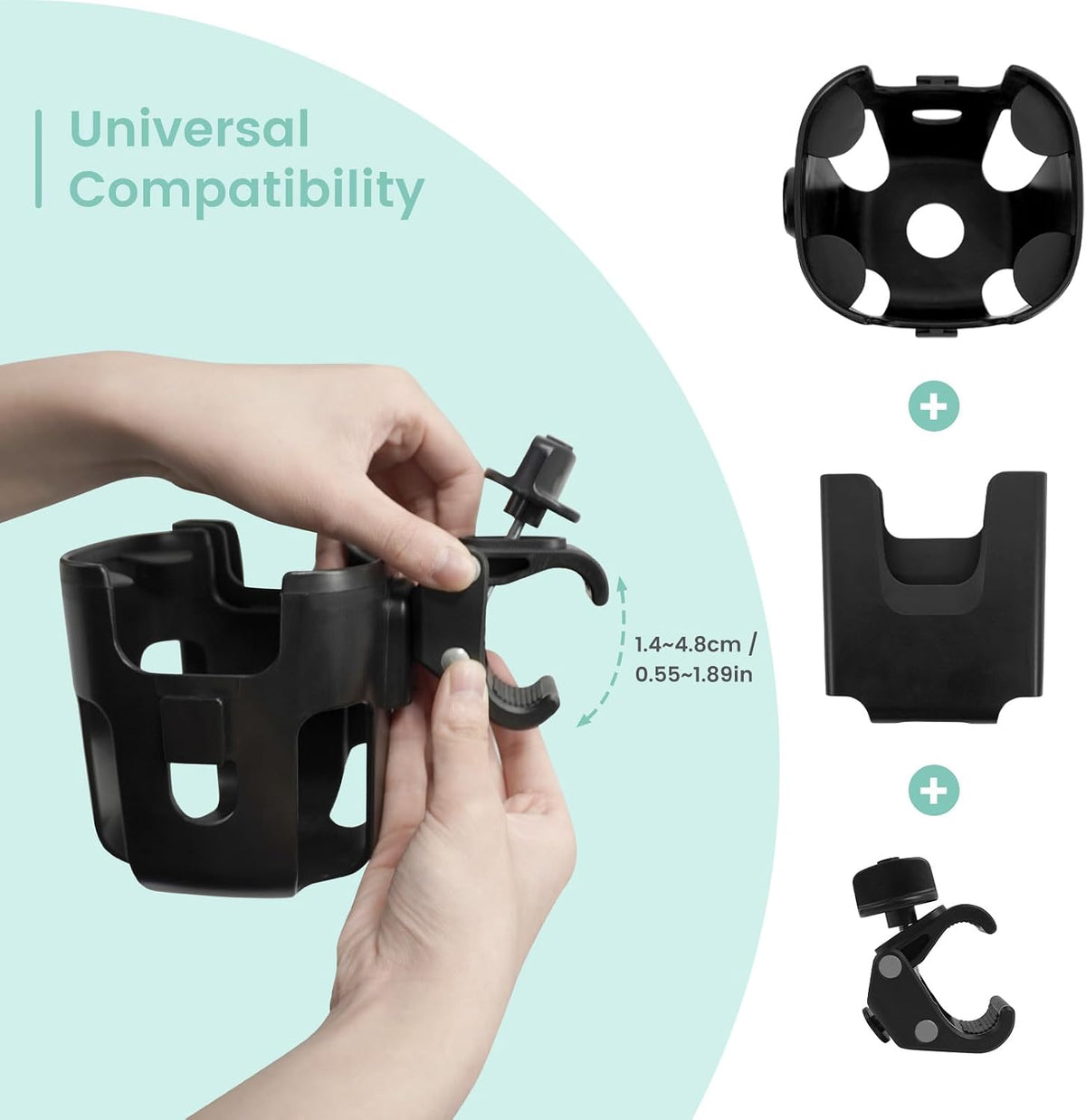 Large Size 2-in-1 Stroller Cup and Phone Holder, Adjustable Clip-On, Black