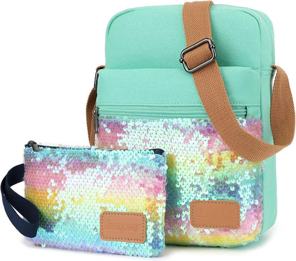 Girls Crossbody Purses for Kids 2 PCS Cross Body Bag Women Messenger Bag Girls Canvas Bag Cross Body Purse Set - Colors A