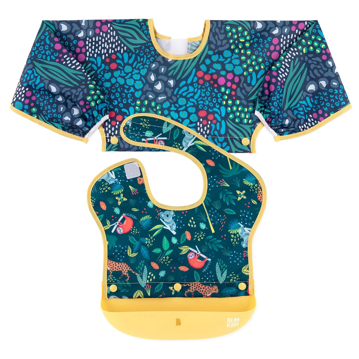 Silicone Bibs for Girl or Boy, Baby and Toddler 6-24 Mos, Essential Must Have for Eating, Feeding, Combination Fabric SuperBib and Long Sleeve with Attachable Pocket Food Catcher, Jungle