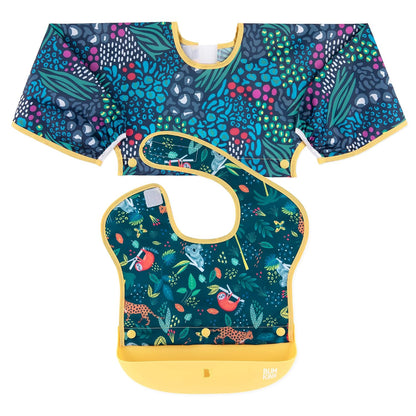 Silicone Bibs for Girl or Boy, Baby and Toddler 6-24 Mos, Essential Must Have for Eating, Feeding, Combination Fabric SuperBib and Long Sleeve with Attachable Pocket Food Catcher, Jungle