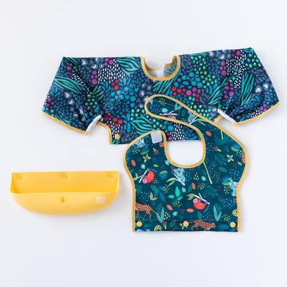 Silicone Bibs for Girl or Boy, Baby and Toddler 6-24 Mos, Essential Must Have for Eating, Feeding, Combination Fabric SuperBib and Long Sleeve with Attachable Pocket Food Catcher, Jungle
