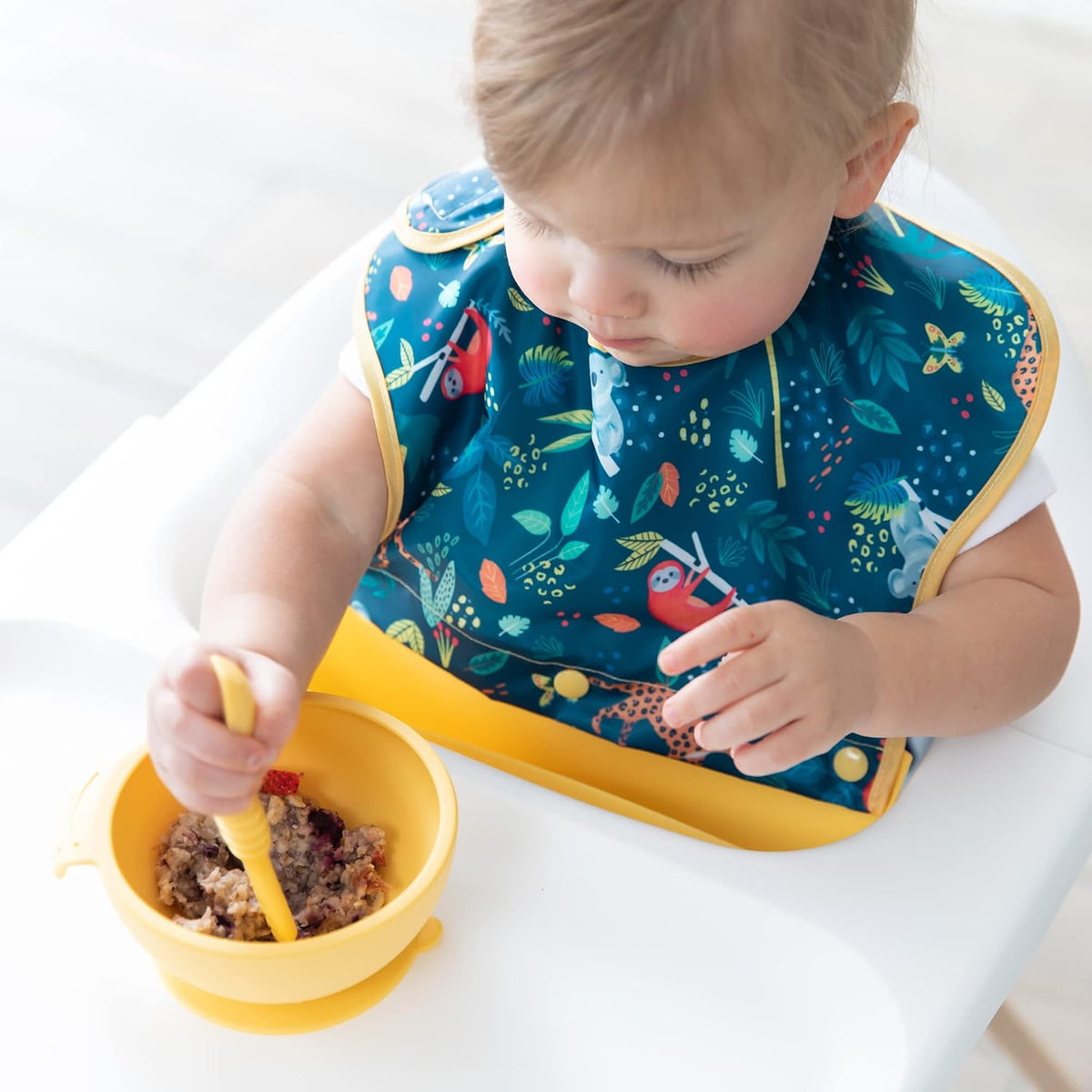 Silicone Bibs for Girl or Boy, Baby and Toddler 6-24 Mos, Essential Must Have for Eating, Feeding, Combination Fabric SuperBib and Long Sleeve with Attachable Pocket Food Catcher, Jungle