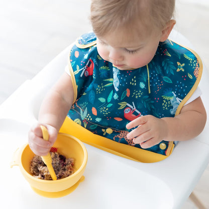 Silicone Bibs for Girl or Boy, Baby and Toddler 6-24 Mos, Essential Must Have for Eating, Feeding, Combination Fabric SuperBib and Long Sleeve with Attachable Pocket Food Catcher, Jungle