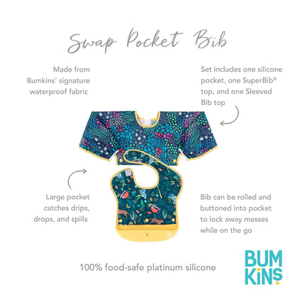 Silicone Bibs for Girl or Boy, Baby and Toddler 6-24 Mos, Essential Must Have for Eating, Feeding, Combination Fabric SuperBib and Long Sleeve with Attachable Pocket Food Catcher, Jungle