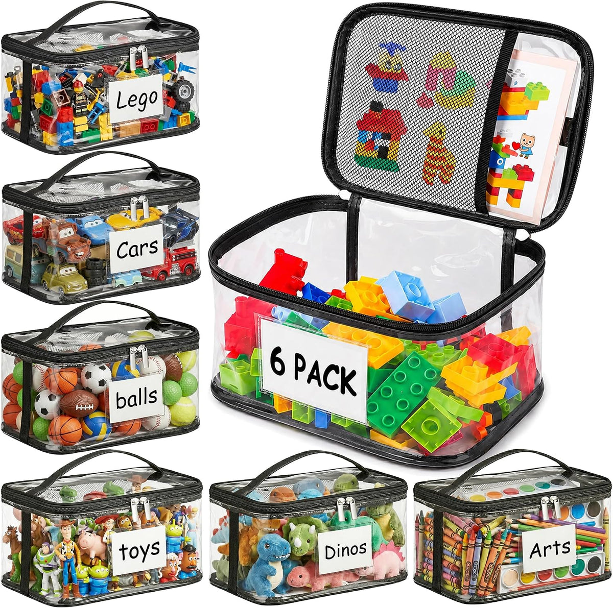 Clear Storage Bags, 6 Pack - Zippered Small Organizers For Toys, Puzzles, Blocks, Craft Supplies, Durable Puzzle Zipper Case Containers for Organizing, Travel, Seasonal, Kids Room Bag Organizer