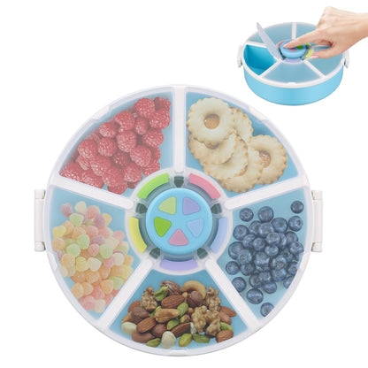 Snack Rotator Container Reusable Snack Box with 5 Compartment Dispenser and Lid, Color Matching Opening Lid, BPA and PVC Free, for Home, School, Travel (Blue)