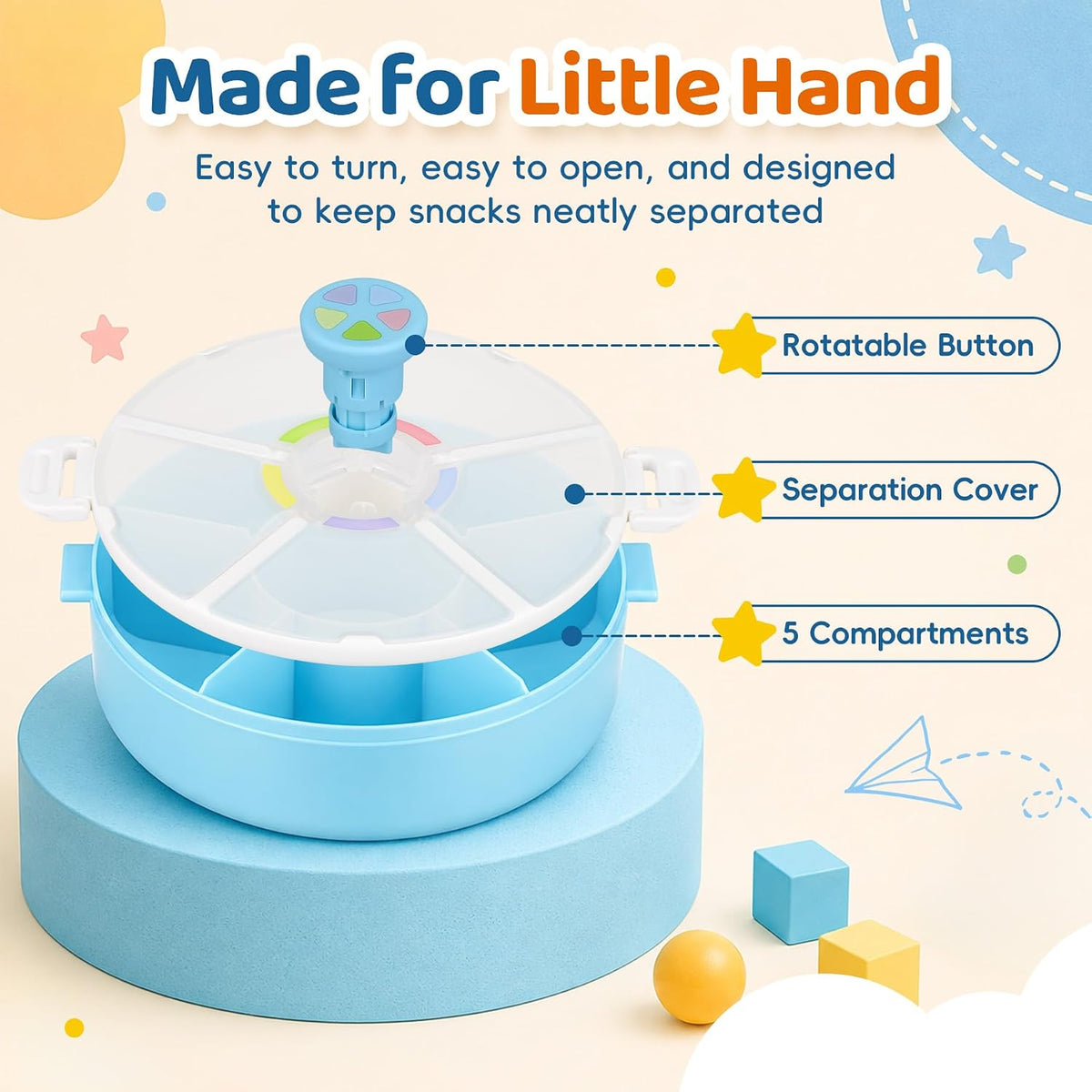 Snack Rotator Container Reusable Snack Box with 5 Compartment Dispenser and Lid, Color Matching Opening Lid, BPA and PVC Free, for Home, School, Travel (Blue)