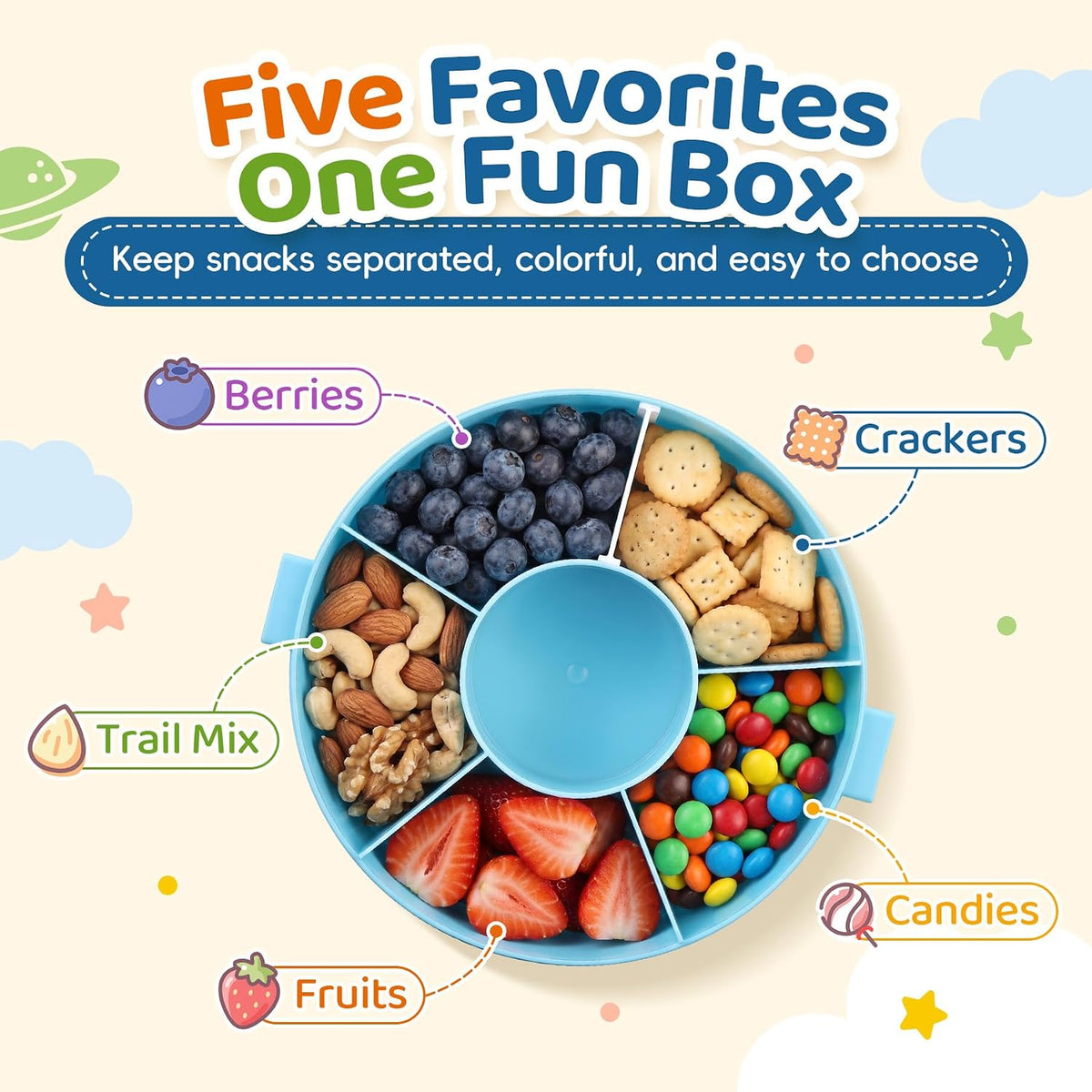 Snack Rotator Container Reusable Snack Box with 5 Compartment Dispenser and Lid, Color Matching Opening Lid, BPA and PVC Free, for Home, School, Travel (Blue)