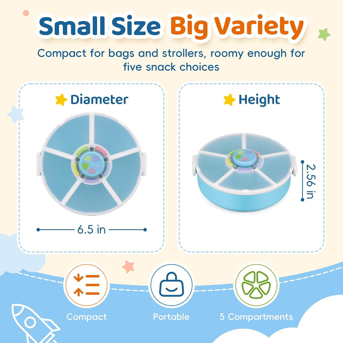 Snack Rotator Container Reusable Snack Box with 5 Compartment Dispenser and Lid, Color Matching Opening Lid, BPA and PVC Free, for Home, School, Travel (Blue)