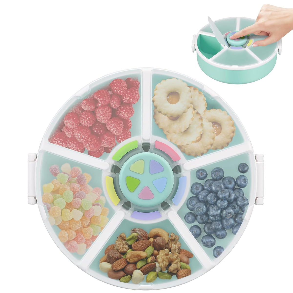 Snack Rotator Container Reusable Snack Box with 5 Compartment Dispenser and Lid, Color Matching Opening Lid, BPA and PVC Free, for Home, School, Travel (Blue)