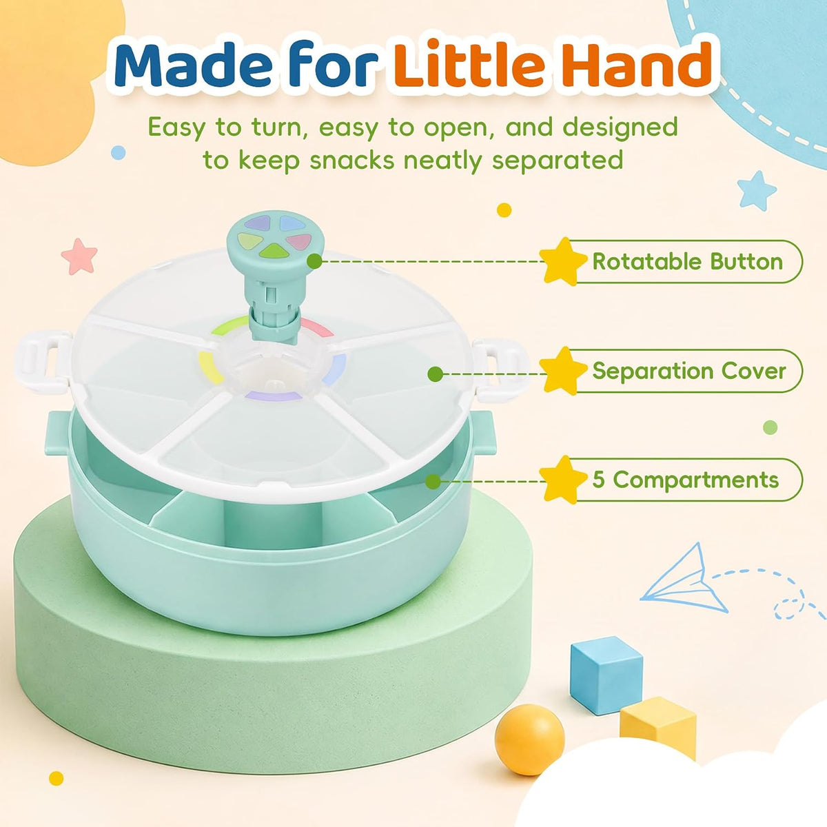 Snack Rotator Container Reusable Snack Box with 5 Compartment Dispenser and Lid, Color Matching Opening Lid, BPA and PVC Free, for Home, School, Travel (Blue)
