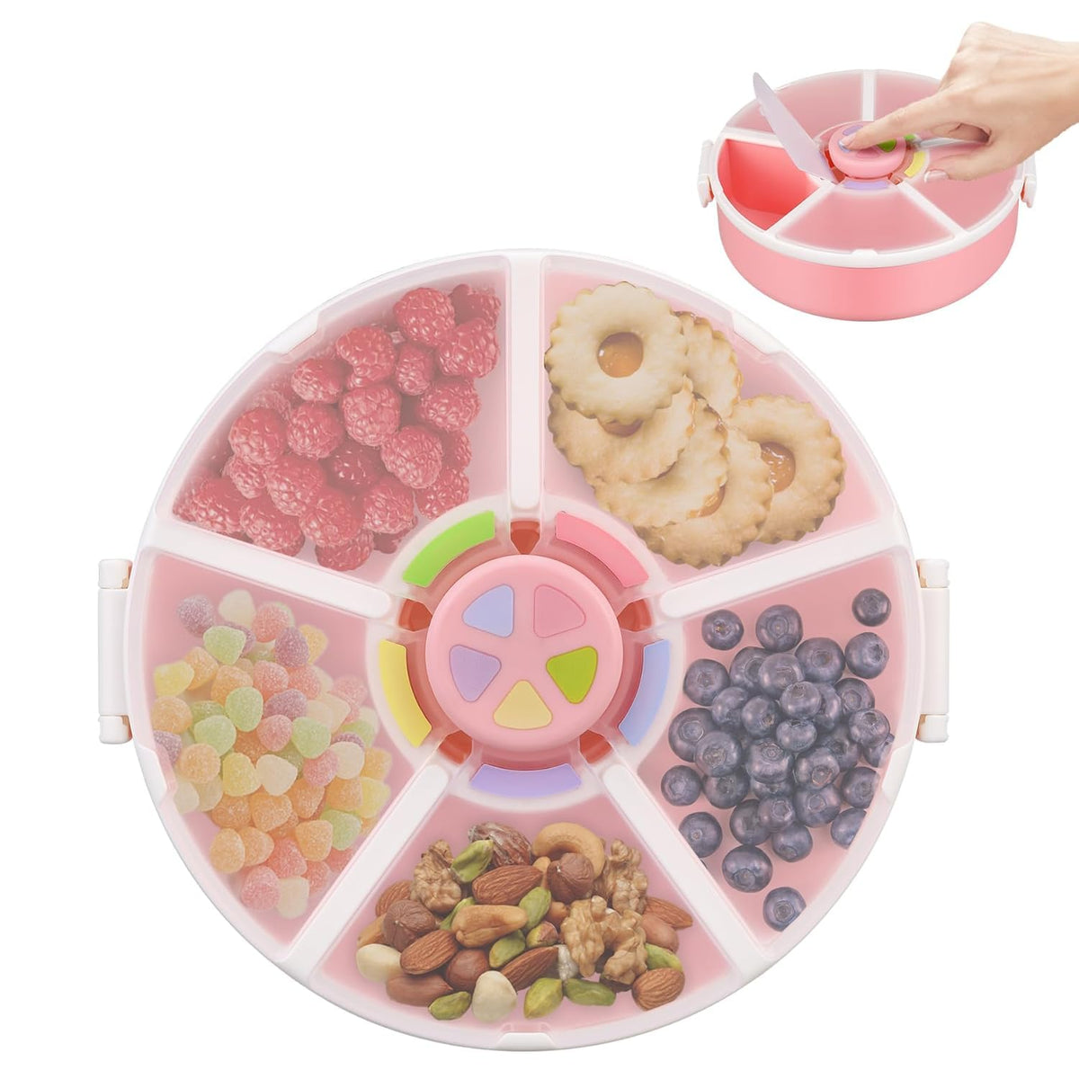Snack Rotator Container Reusable Snack Box with 5 Compartment Dispenser and Lid, Color Matching Opening Lid, BPA and PVC Free, for Home, School, Travel (Blue)