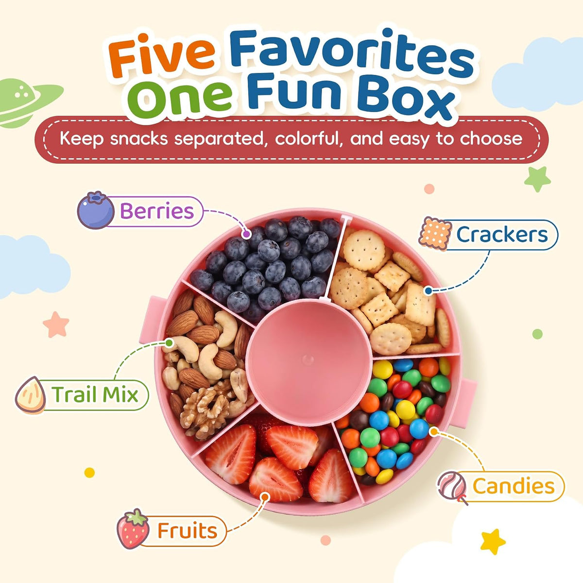 Snack Rotator Container Reusable Snack Box with 5 Compartment Dispenser and Lid, Color Matching Opening Lid, BPA and PVC Free, for Home, School, Travel (Blue)