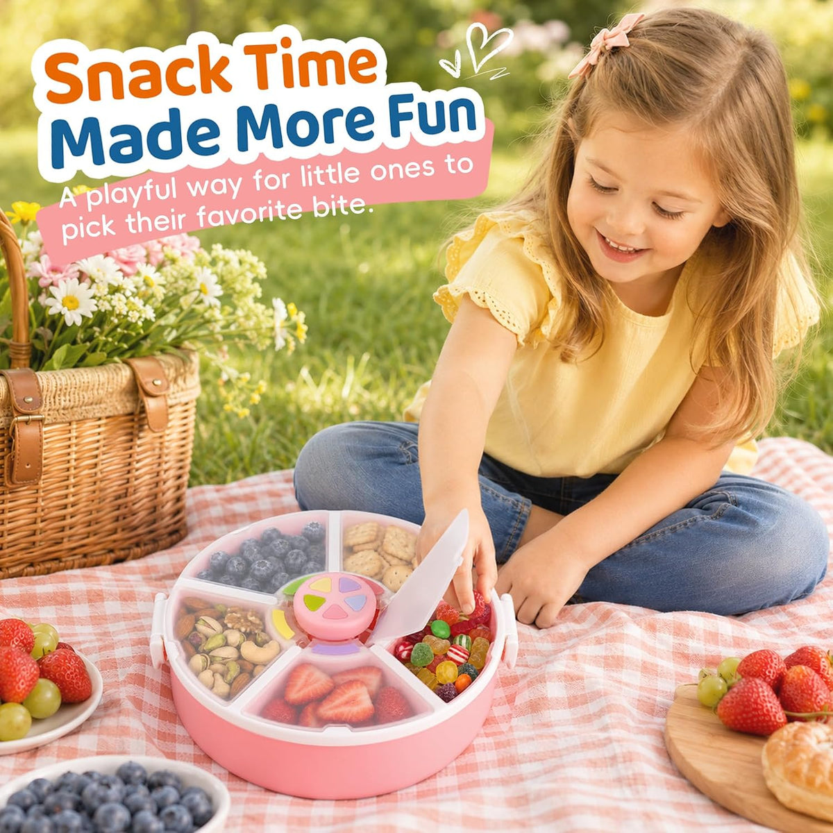 Snack Rotator Container Reusable Snack Box with 5 Compartment Dispenser and Lid, Color Matching Opening Lid, BPA and PVC Free, for Home, School, Travel (Blue)