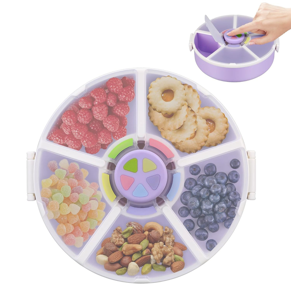 Snack Rotator Container Reusable Snack Box with 5 Compartment Dispenser and Lid, Color Matching Opening Lid, BPA and PVC Free, for Home, School, Travel (Blue)