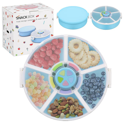 Snack Rotator Container Reusable Snack Box with 5 Compartment Dispenser and Lid, Color Matching Opening Lid, BPA and PVC Free, for Home, School, Travel (Blue)