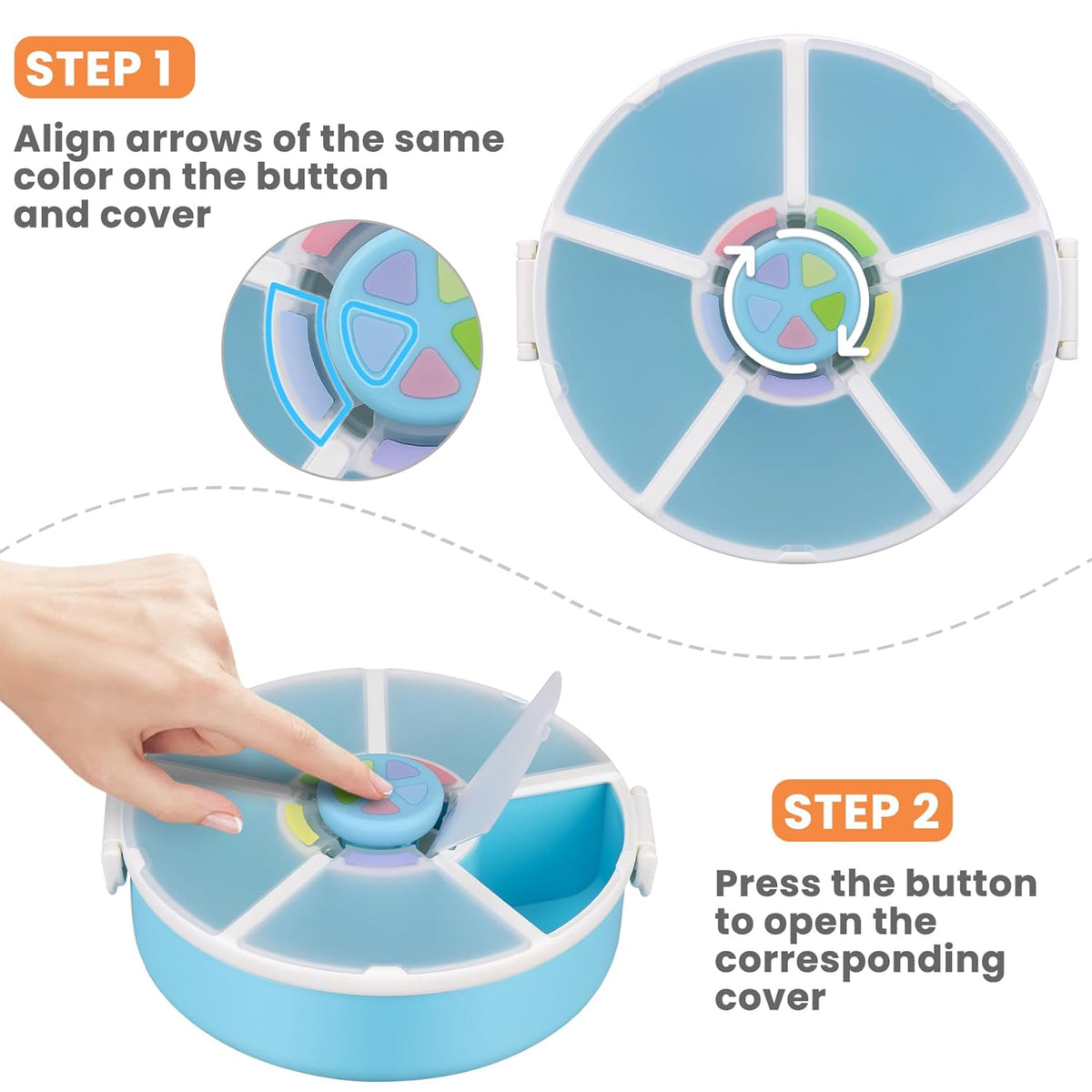 Snack Rotator Container Reusable Snack Box with 5 Compartment Dispenser and Lid, Color Matching Opening Lid, BPA and PVC Free, for Home, School, Travel (Blue)