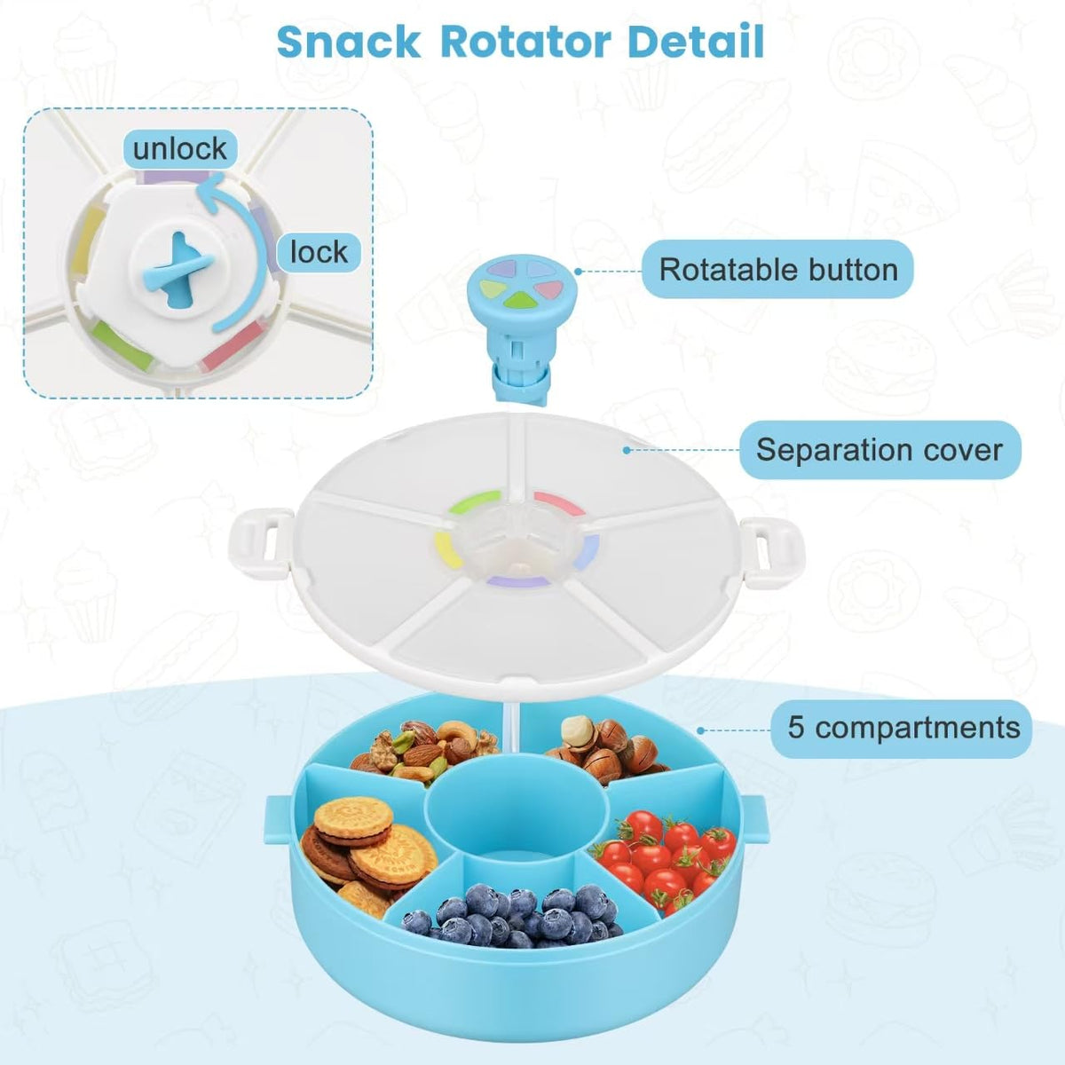 Snack Rotator Container Reusable Snack Box with 5 Compartment Dispenser and Lid, Color Matching Opening Lid, BPA and PVC Free, for Home, School, Travel (Blue)