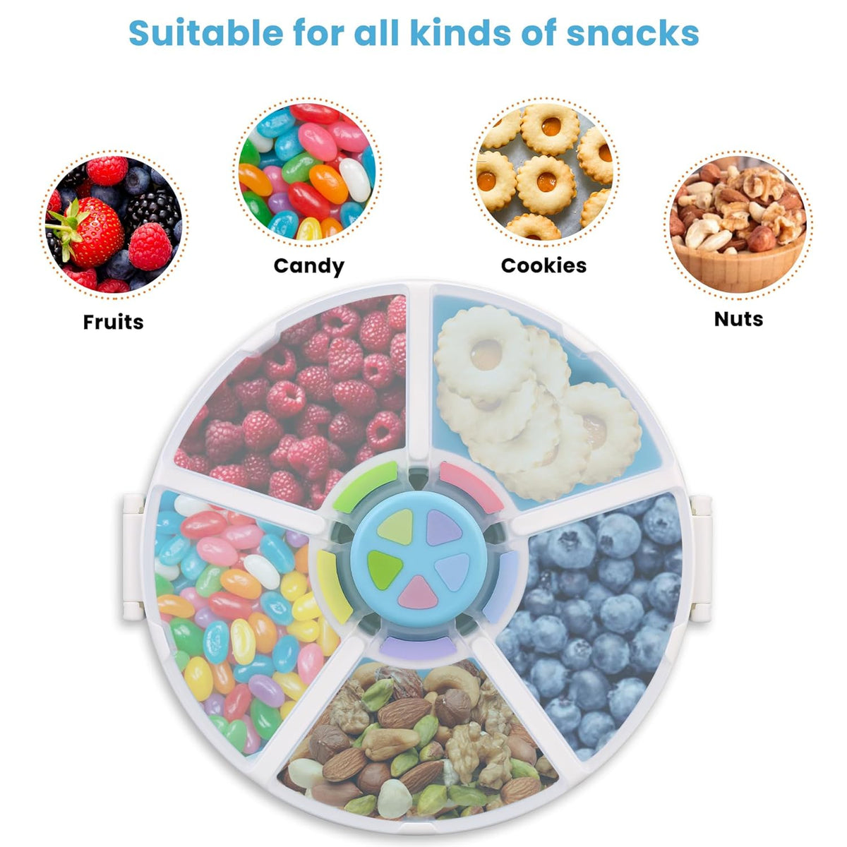 Snack Rotator Container Reusable Snack Box with 5 Compartment Dispenser and Lid, Color Matching Opening Lid, BPA and PVC Free, for Home, School, Travel (Blue)