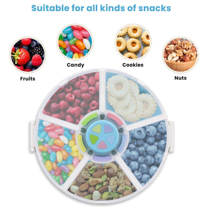 Snack Rotator Container Reusable Snack Box with 5 Compartment Dispenser and Lid, Color Matching Opening Lid, BPA and PVC Free, for Home, School, Travel (Blue)