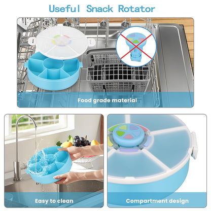 Snack Rotator Container Reusable Snack Box with 5 Compartment Dispenser and Lid, Color Matching Opening Lid, BPA and PVC Free, for Home, School, Travel (Blue)