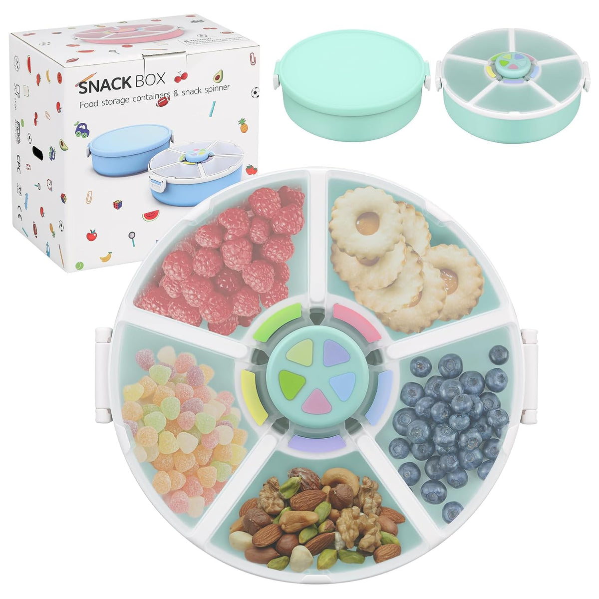Snack Rotator Container Reusable Snack Box with 5 Compartment Dispenser and Lid, Color Matching Opening Lid, BPA and PVC Free, for Home, School, Travel (Blue)