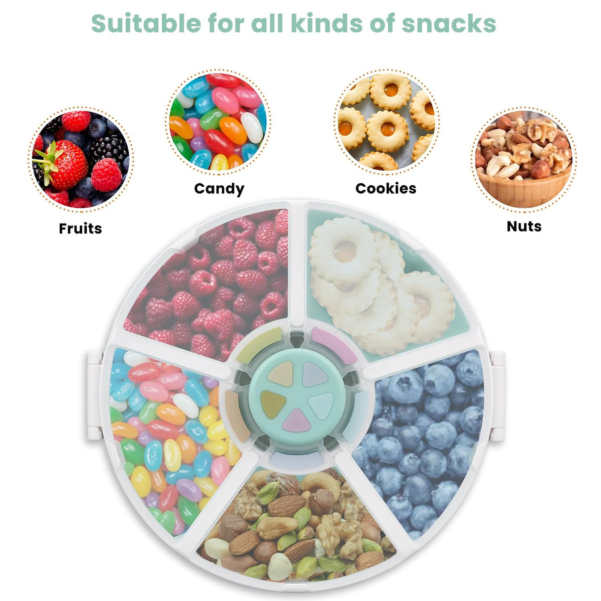 Snack Rotator Container Reusable Snack Box with 5 Compartment Dispenser and Lid, Color Matching Opening Lid, BPA and PVC Free, for Home, School, Travel (Blue)