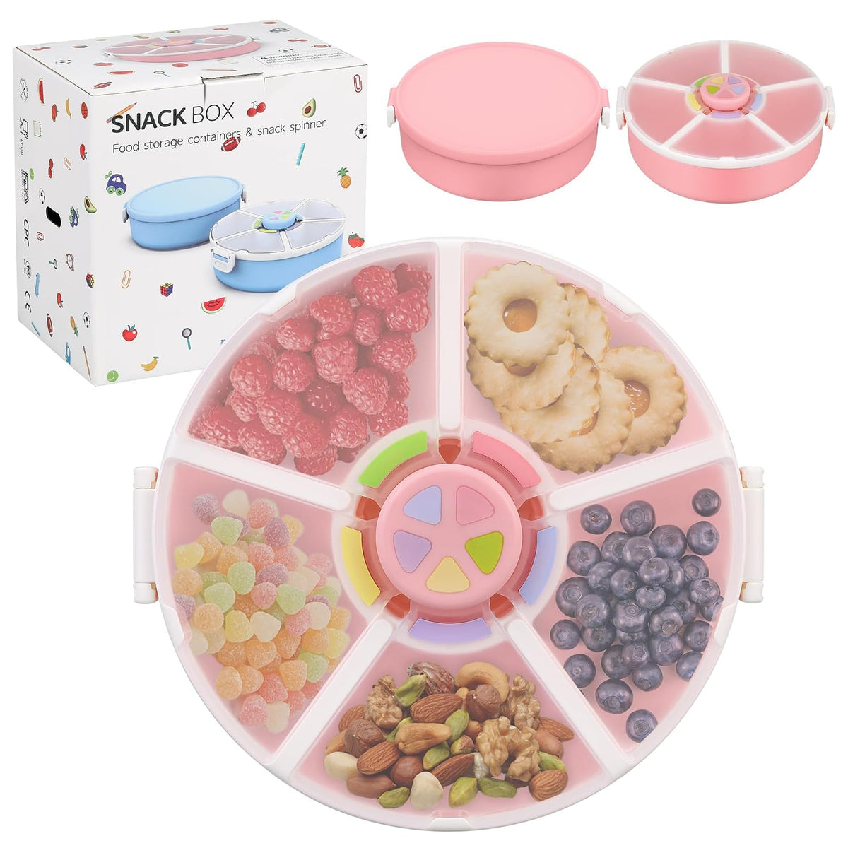 Snack Rotator Container Reusable Snack Box with 5 Compartment Dispenser and Lid, Color Matching Opening Lid, BPA and PVC Free, for Home, School, Travel (Blue)