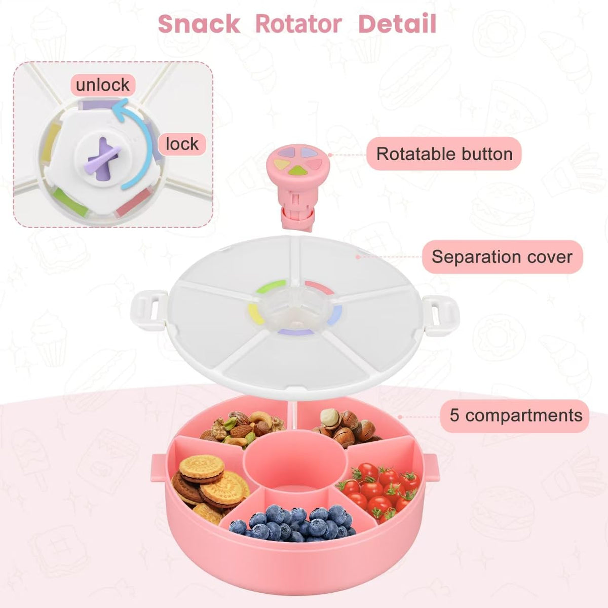 Snack Rotator Container Reusable Snack Box with 5 Compartment Dispenser and Lid, Color Matching Opening Lid, BPA and PVC Free, for Home, School, Travel (Blue)