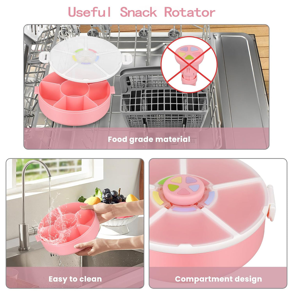 Snack Rotator Container Reusable Snack Box with 5 Compartment Dispenser and Lid, Color Matching Opening Lid, BPA and PVC Free, for Home, School, Travel (Blue)